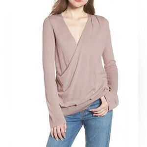 Hinge Nordstrom Mauve Pink Surplice V-neck Sweater Blouse Semi-sheer XS